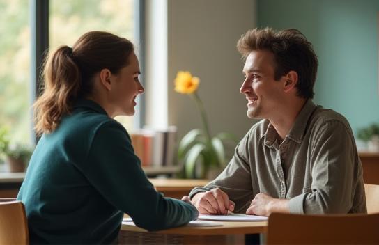 Tutor and student engaged in lively language discussion
